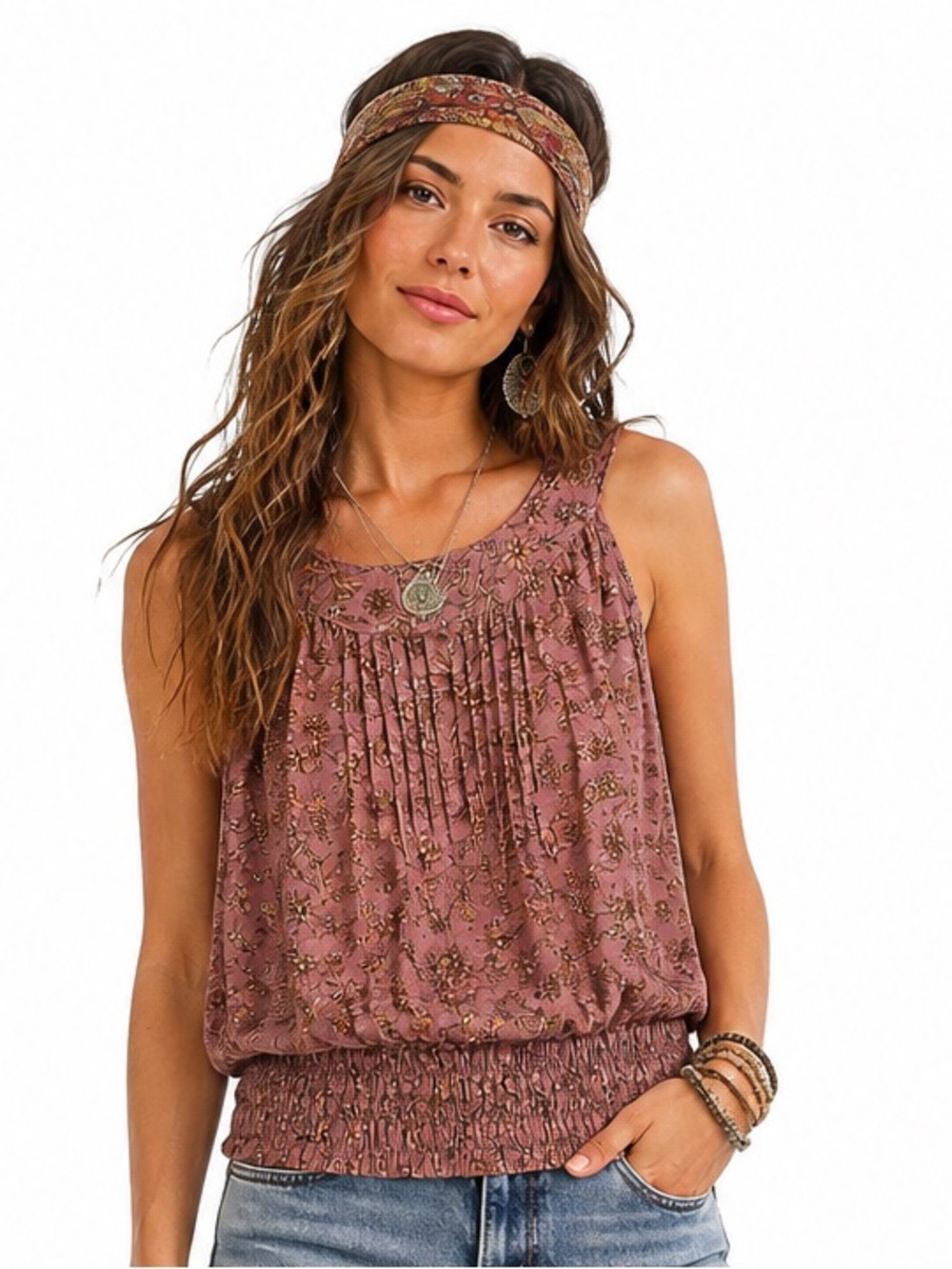 Karma Highway Floral Print Pintuck Top Sleeveless